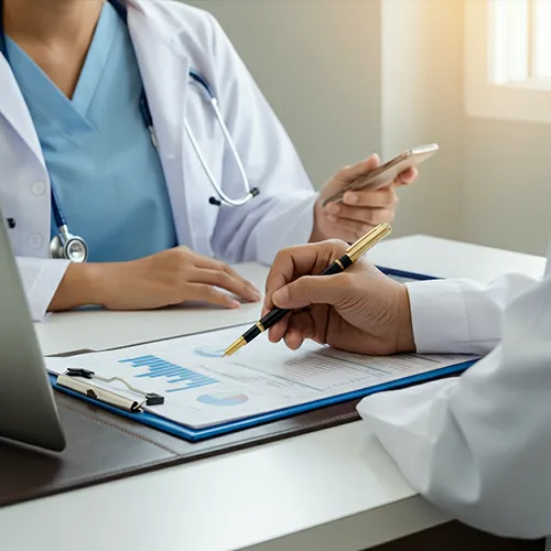 Two doctors in white coats sit at a desk discussing medical charts and graphs, with one holding a pen over a clipboard and the other holding a smartphone. A laptop is also visible on the desk.