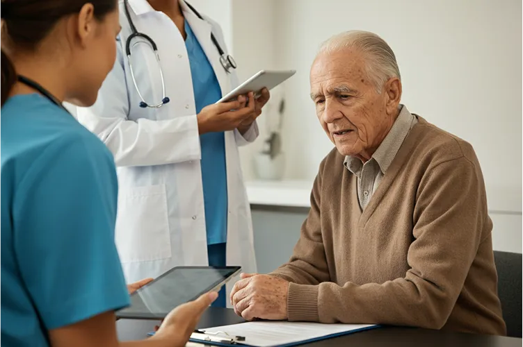 An elderly man sits at a desk, speaking with two healthcare professionals. One nurse holds a tablet, while a doctor with a stethoscope and clipboard stands in the background. The setting appears to be a medical office.