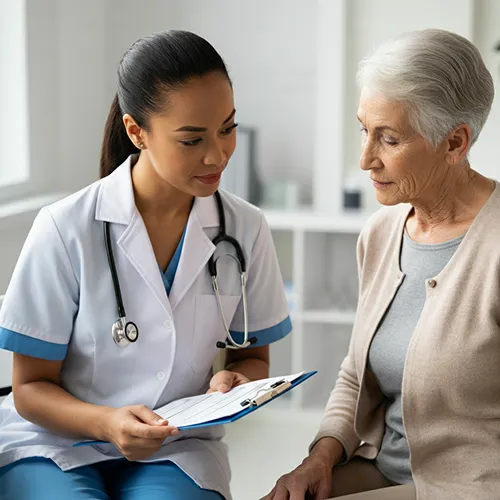 A female healthcare professional in a white coat discusses medical information on a clipboard with an older woman in a light sweater, both seated in a bright, modern medical office.