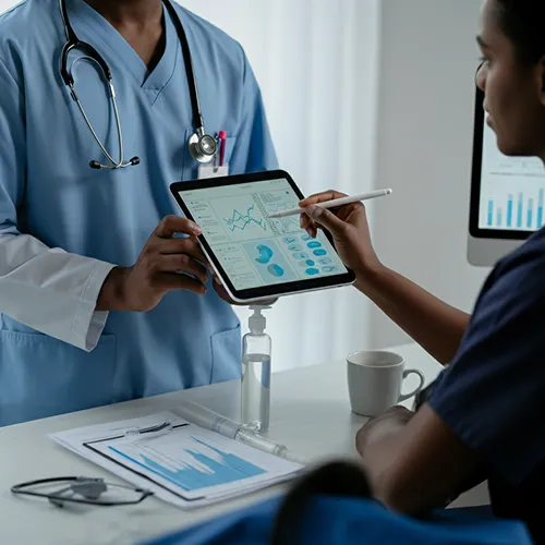 Two healthcare professionals review medical charts and data on a digital tablet in a clinical setting. One points at the screen with a stylus. A clipboard, syringe, cup, and hand sanitizer are on the desk.