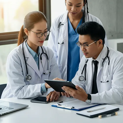 Three doctors wearing white coats and stethoscopes collaborate at a desk, looking at a tablet. One doctor holds the tablet while the others observe, with documents and a laptop on the table.