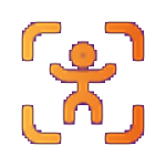Orange icon of a simplified human figure with arms raised, centered inside four corner brackets, on a black background—perfect for AI or analytics applications.