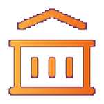 An orange, minimalist icon of a classical building or bank with three columns and a triangular roof, symbolizing health or medical institutions, set against a transparent background.
