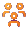 Abstract orange icon of three stylized human figures, symbolizing care, with circular heads and curved lines for arms and shoulders, arranged in a triangular formation on a black background.