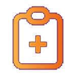 An orange clipboard icon with a medical cross symbol in the center, representing health care or medical records, on a transparent background.