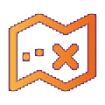 An orange outlined map icon with a dotted line, a small dot, and a large X, symbolizing location tracking or analytics—a modern twist on the classic treasure map concept.