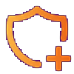 An orange outline of a shield with a plus sign in the lower right corner, symbolizing medical protection or added security and care.