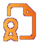 An orange icon showing a document with a ribbon or award badge in front, symbolizing certification or official recognition in health or pharmacist fields.
