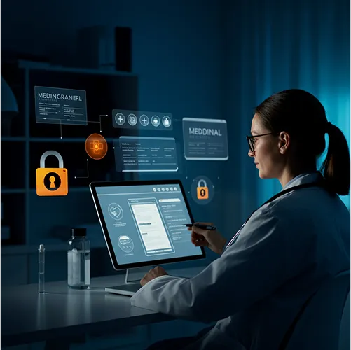 A female doctor in a lab coat uses a computer with holographic medical data and security icons displayed, indicating secure digital health records in a modern, dimly lit office.