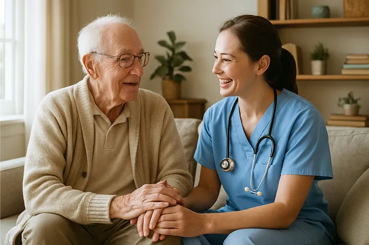 An elderly man sits on a couch, smiling and holding hands with a young female nurse in blue scrubs with a stethoscope, both looking happy and engaged in conversation in a cozy living room.