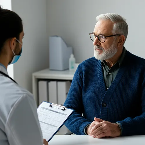 An older man with gray hair and glasses sits at a desk, listening attentively to a doctor holding a clipboard. The doctor is wearing a lab coat and face mask in a medical office setting.