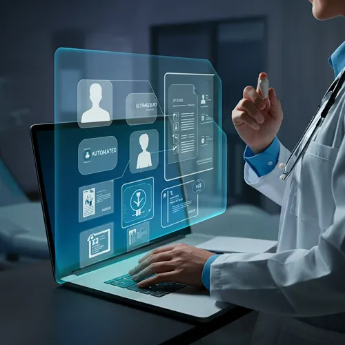 A doctor in a white coat interacts with a futuristic transparent screen displaying digital health records and patient information, which is projected above an open laptop.