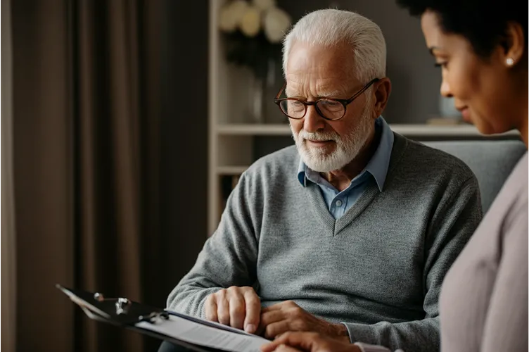 An elderly man with white hair and glasses reviews paperwork on a clipboard with a woman beside him in a cozy, softly lit room.