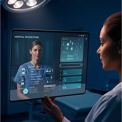 A female doctor in a dark room interacts with an AI-powered transparent digital screen displaying medical data, patient information, and graphics, with her reflection visible on the screen—highlighting advanced care technology.