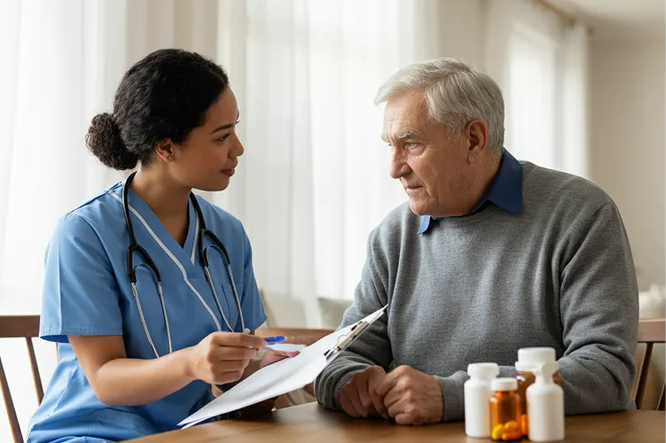 A female nurse in scrubs talks to an older man in a gray sweater, showing him a clipboard. Medicine bottles are on the table as they have a serious health discussion in a bright room.