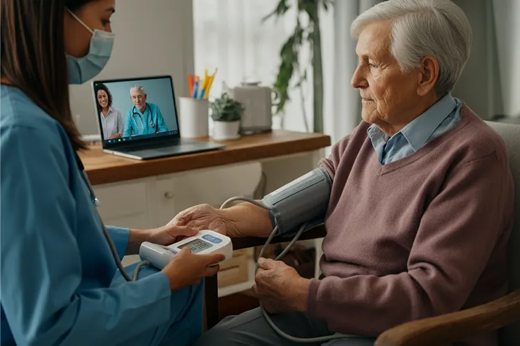 A nurse in medical scrubs checks an elderly man’s blood pressure. Both wear masks. In the background, a laptop displays a video call with two healthcare professionals and a pharmacist on the screen.