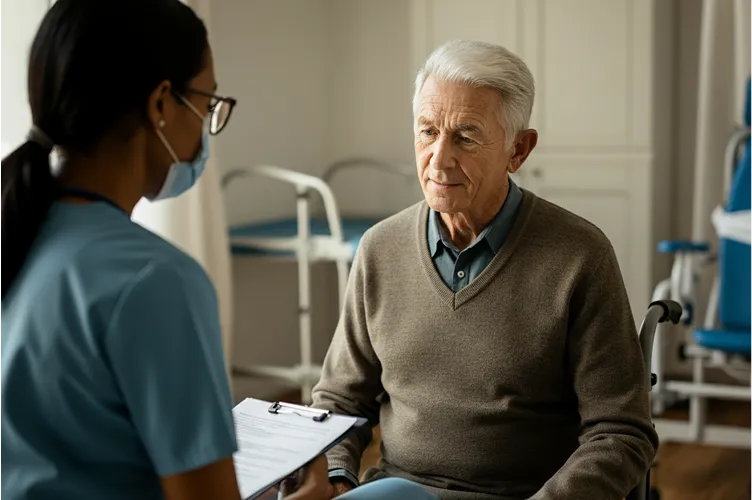 An elderly man sits in a wheelchair, attentively listening to a healthcare professional discussing personalized care and using AI-powered analytics during a medical consultation in a bright room.