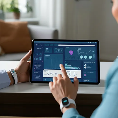 Two people wearing smartwatches interact with a tablet displaying health analytics dashboards, including graphs and charts, on a desk in a bright indoor setting.