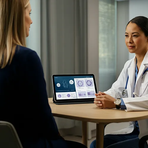 A doctor in a white coat sits at a table with a patient, discussing health analytics displayed on a laptop with charts and diagrams in a medical office setting.
