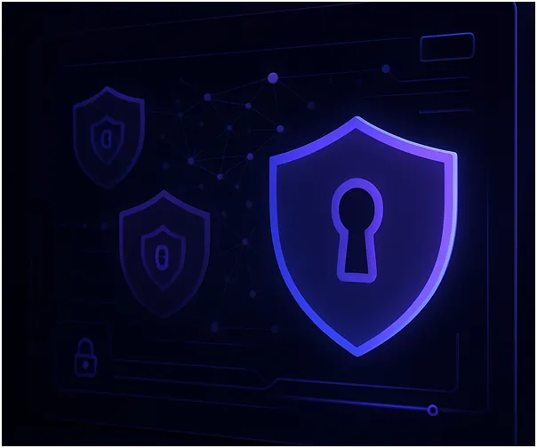 A glowing purple shield with a keyhole symbol is displayed on a dark digital background, representing AI-driven cybersecurity and data protection. Smaller shield and padlock icons reinforce the theme of digital care and safety.