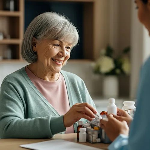 An older woman with gray hair and a pastel green cardigan smiles while sitting at a table, organizing various medicine bottles with the help of another person in a blue shirt, promoting health and care in daily routines.