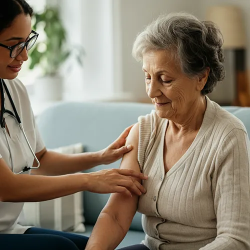 A healthcare professional, possibly a pharmacist, prepares to give an elderly woman a vaccine shot in her upper arm. The woman sits calmly on a couch, smiling gently, while the professional wears a stethoscope and glasses.