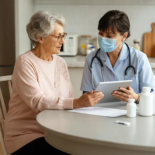 An elderly woman sits at a table with a healthcare professional wearing scrubs and a mask, who uses AI-powered analytics on a tablet to explain her care. Medicine bottles and papers are on the table.