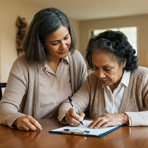 Two women sit at a table; the older woman is signing a medical document on a clipboard while the younger woman sits beside her, offering care and guidance. Both are wearing neutral-colored sweaters.