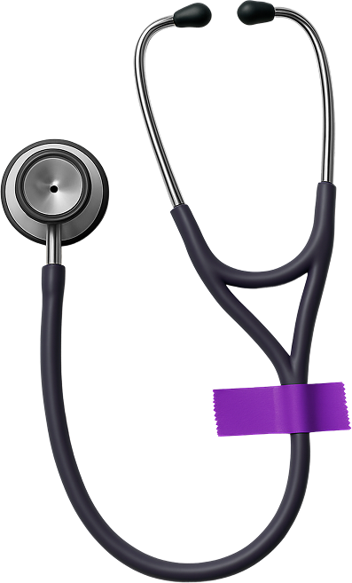 A black medical stethoscope with a silver chest piece is looped and secured with a strip of purple tape. The background is transparent.