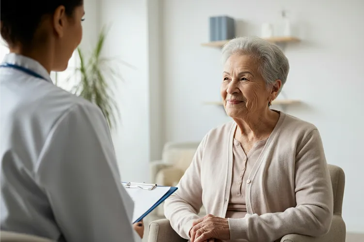 An elderly woman with gray hair, wearing a light sweater, sits and smiles while talking to a healthcare professional holding a clipboard in a bright, comfortable room focused on medical care.