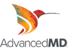 A colorful, abstract hummingbird logo appears above the words AdvancedMD in black and orange text, symbolizing advanced AI-powered analytics for healthcare professionals like pharmacists.
