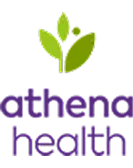 Athenahealth logo featuring a green stylized plant with three leaves above the company name athenahealth written in lowercase purple letters, symbolizing innovation in medical care.