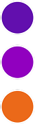 Three vertically aligned circles on a black background: the top is dark purple, the middle bright purple, and the bottom orange. Each circle has a white outline, representing AI-driven analytics with precision and care.