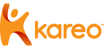 The image shows the Kareo logo, featuring an abstract orange figure with an arm raised next to the word kareo in bold, lowercase orange letters, symbolizing innovation in health and AI solutions.