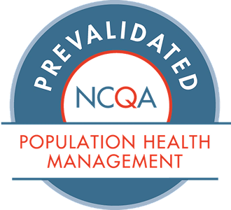 A circular badge with a blue border reads PREVALIDATED at the top. The center displays NCQA, highlighting health care excellence, and a black banner across the bottom says POPULATION HEALTH MANAGEMENT in red letters.
