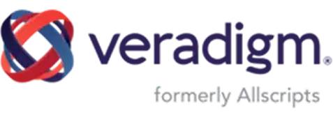 Veradigm logo with a multicolored, intertwined sphere on the left and the words veradigm. formerly Allscripts in purple to the right, symbolizing advanced AI and Analytics for healthcare professionals.