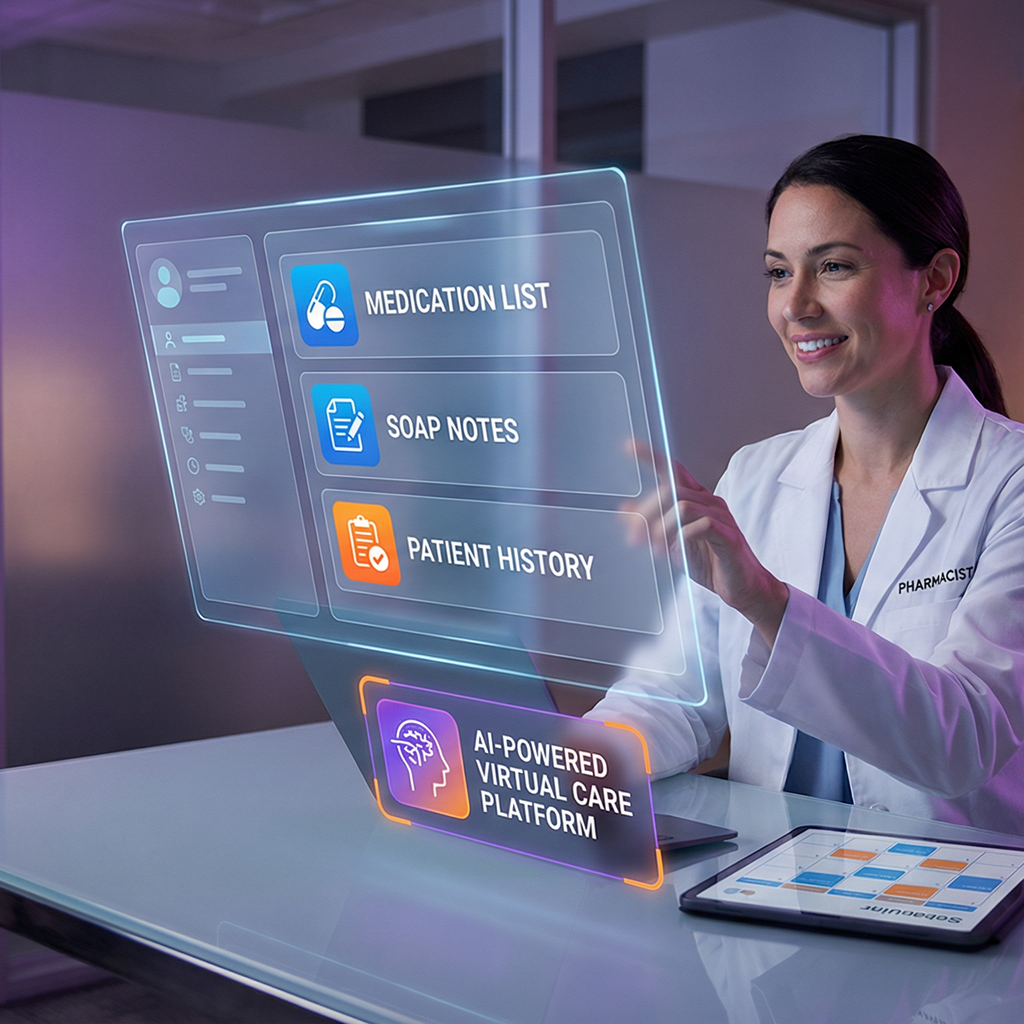 A clinical pharmacist delivering personalized medication management using a minimal white holographic interface and streamlined care service shortcuts.