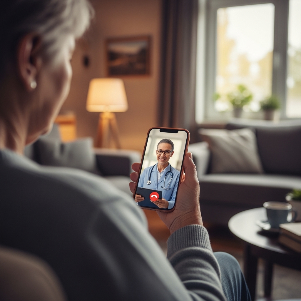 Ultra-realistic elderly patient sitting at home holding a smartphone during a telehealth call. The doctor appears only inside the phone screen, realistic lighting, clear facial detail. The home background is real and warm soft lamp light, furniture, natural daylight from a window, subtle lived-in details. Sharp focus on the patient and phone, slightly blurred background. No UI, no text, no futuristic elements. Subtle purple highlights in ambient light with light orange warmth from the room. Clean, authentic, cinematic realism.